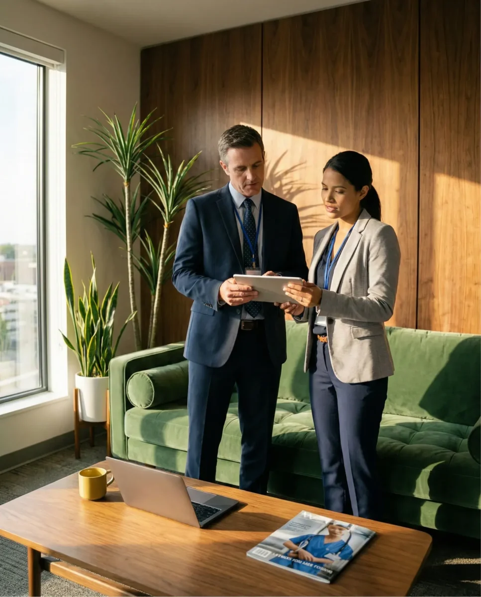 Two professionals reviewing a tablet in an office.