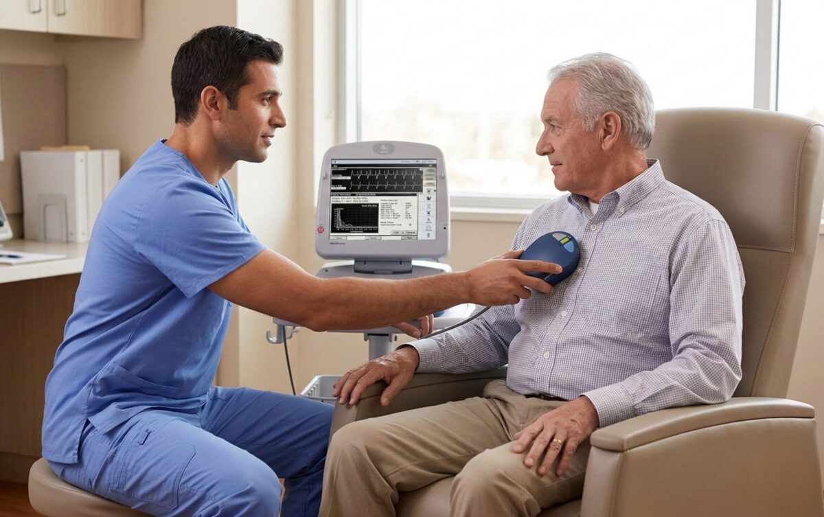 Clinician holding receiver over patient's heart, conducting a device check.